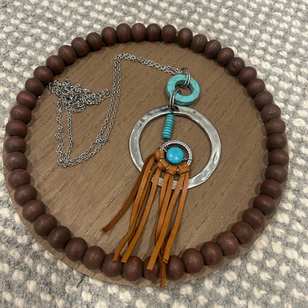 Turquoise and Silver Pendant Necklace with leather Fringe